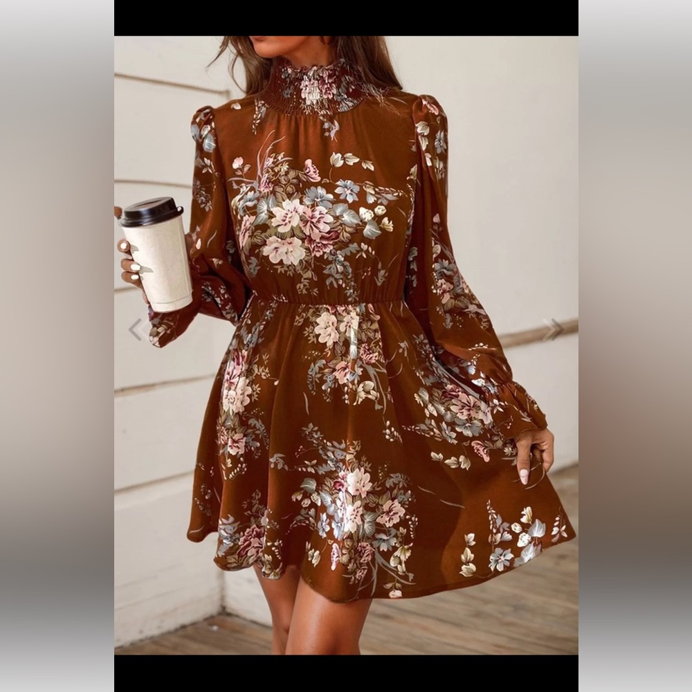 Super Cute Brown Floral Long Sleeve High Neck Flouncy Dress! NWT!